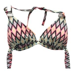 Victoria's Secret Plunge Halter Bikini Top Pink Mint Gold Ikat Geometric XL